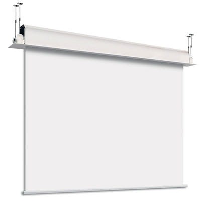 Rozwinięty ekran elektryczny Adeo Inceel 197 (1:1), gotowy do projekcji.